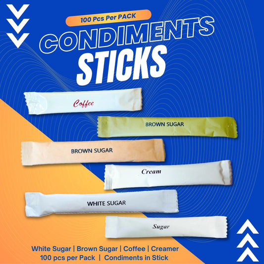 Condiments (STICK Type)  10 PACKS IN A BOX - White & Brown Sugar, Creamer, Coffee
